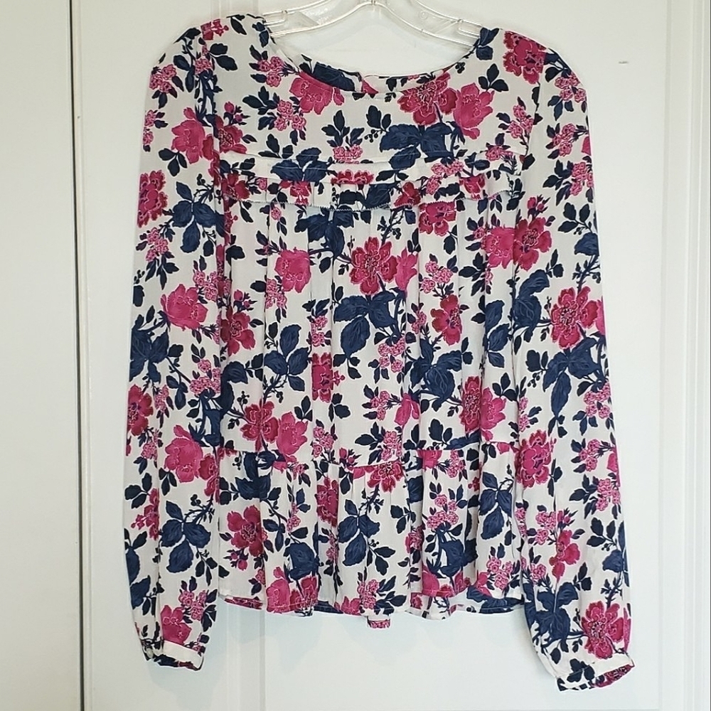 LOFT Blue Pink Floral Ruffle Hem Blouse XS
